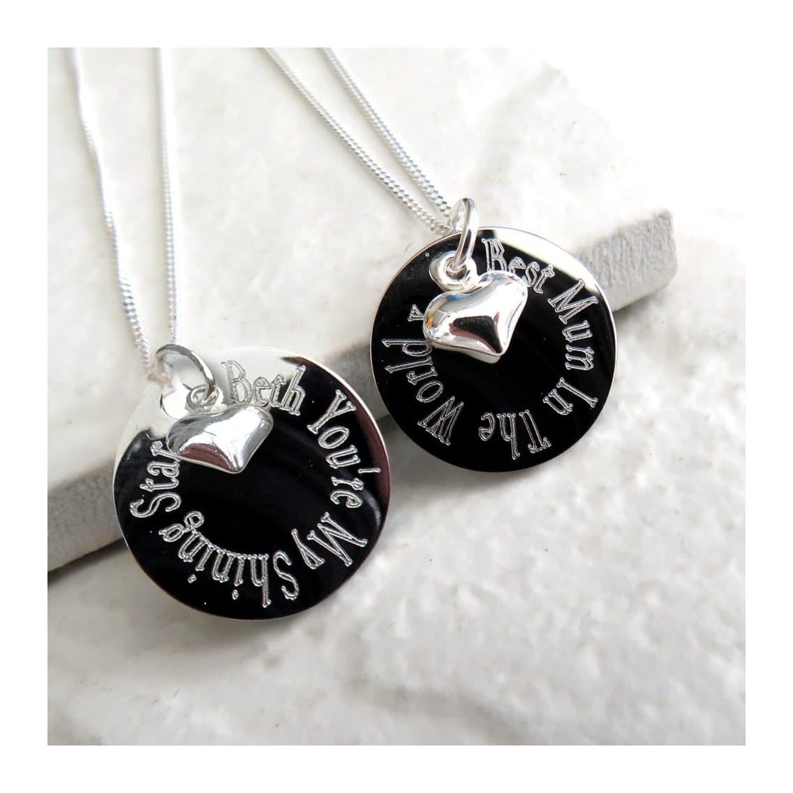 Silver personalised mini heart charm necklace with an engraved round disc on a chain