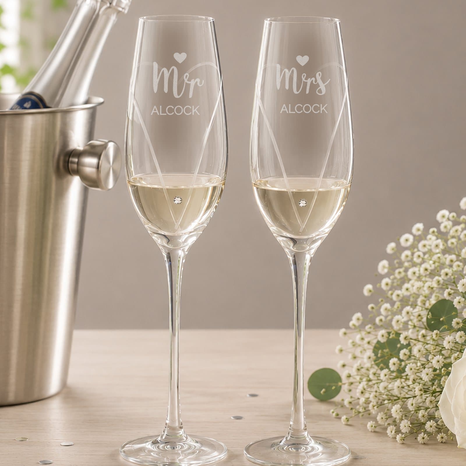 Personalised Mr and Mrs cut glass flutes