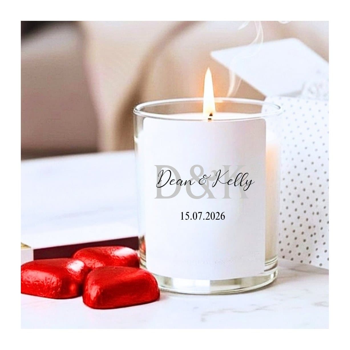 Personalised Mr and Mrs candle gift set with chocolate hearts and matches