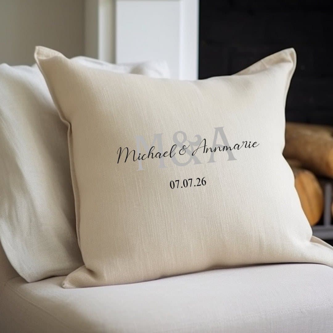 Cream personalised Mr and Mrs cushion in linen-look fabric