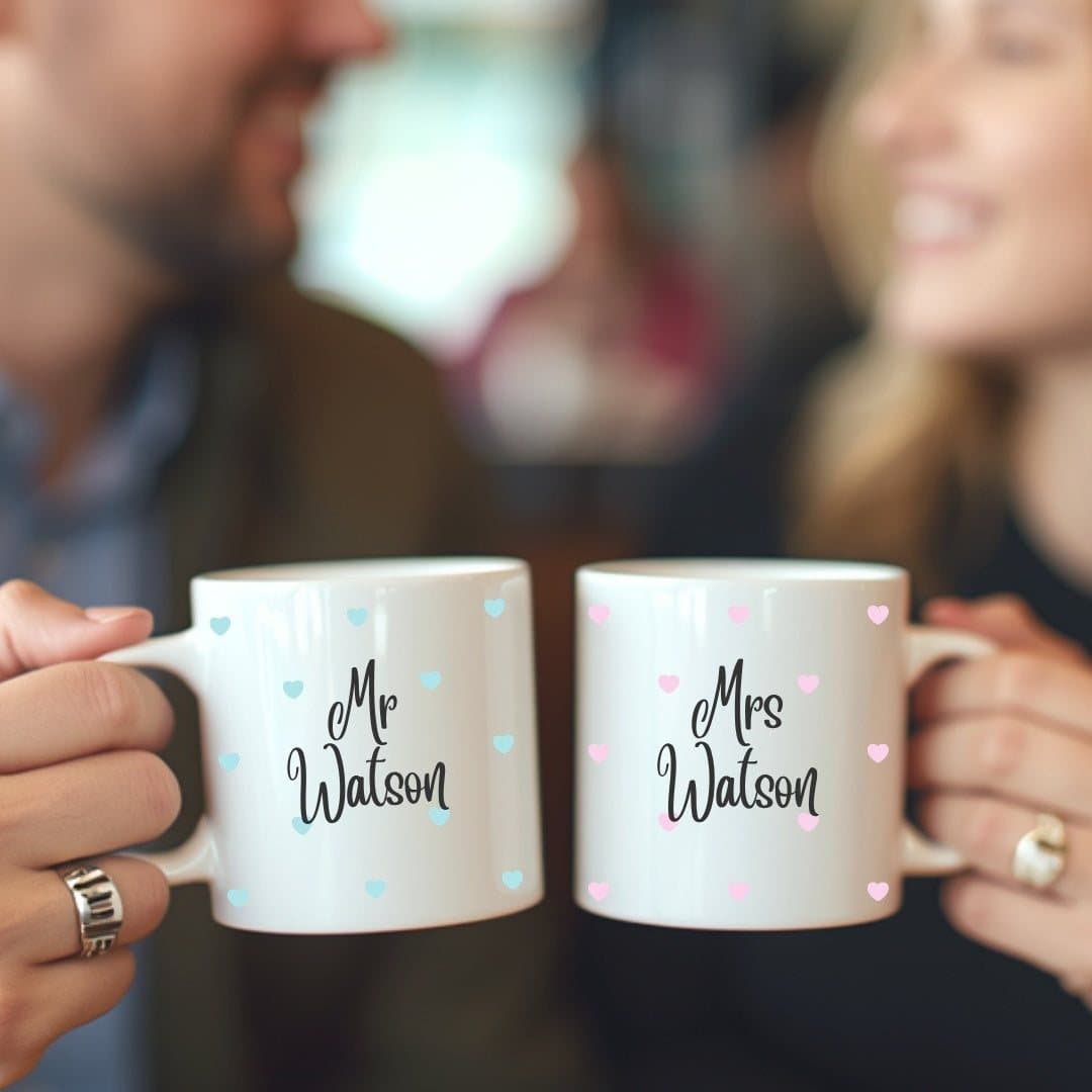 Personalised Mr & Mrs Mini Hearts mug gift set with a romantic mini-hearts design