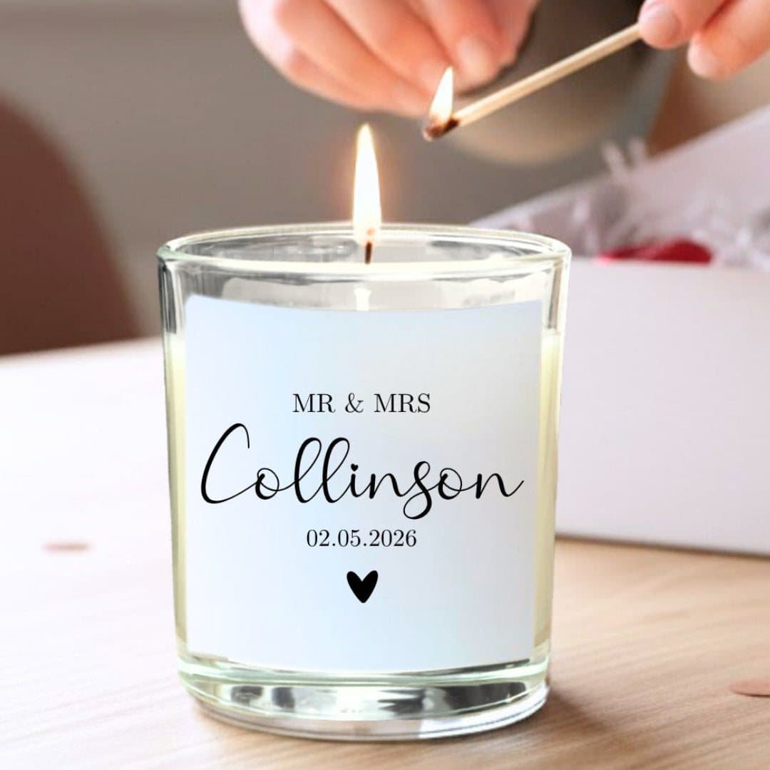 Mr and Mrs wedding candle gift set in a gift box with chocolate hearts and matches