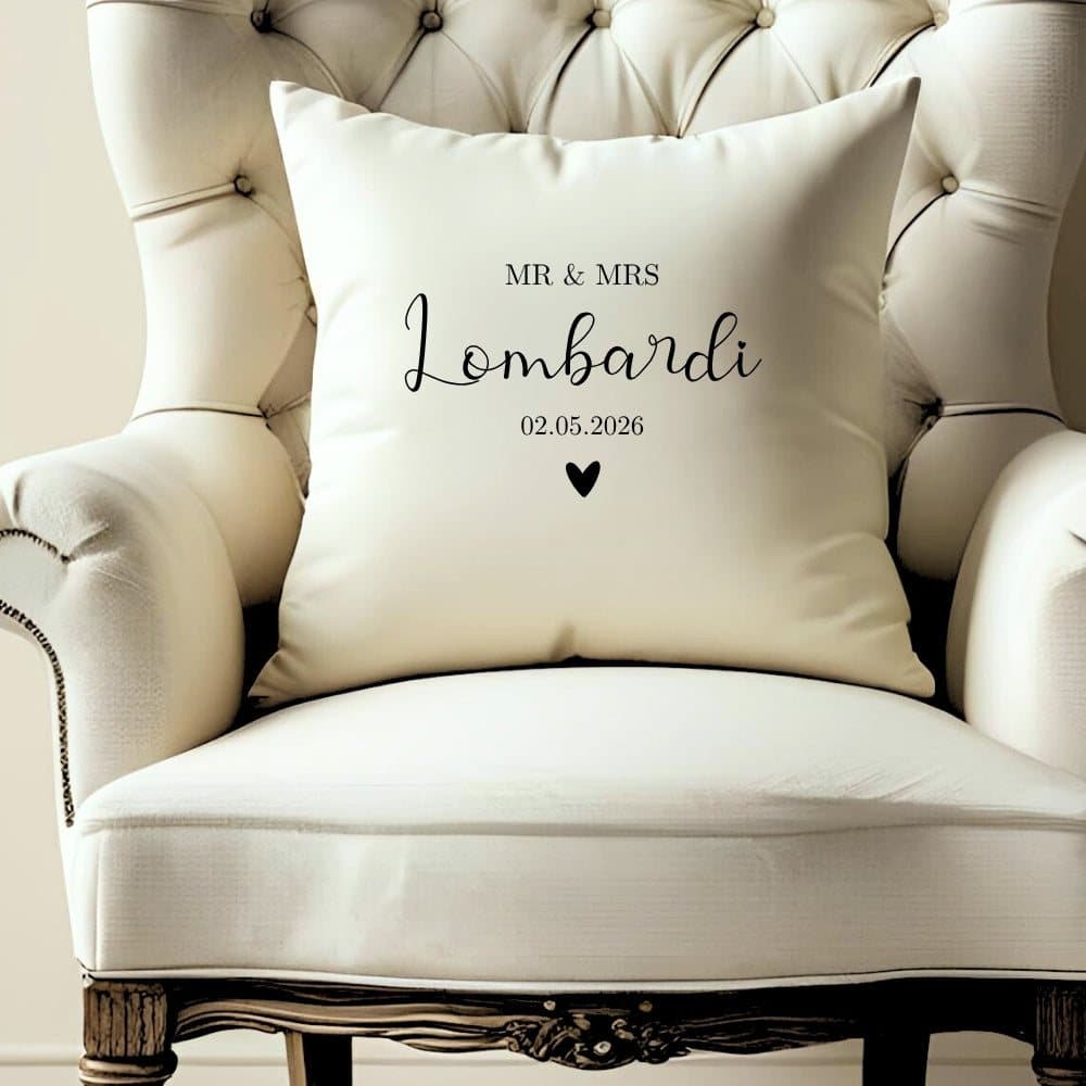 Cream personalised Mr and Mrs wedding cushion in linen-look fabric