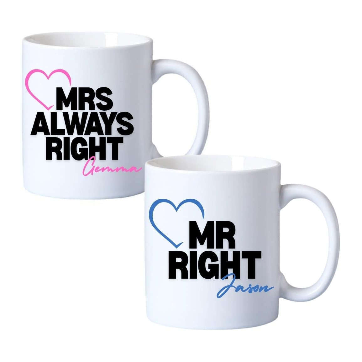 Mr Right and Mrs Always Right mugs gift set with a couples wedding design