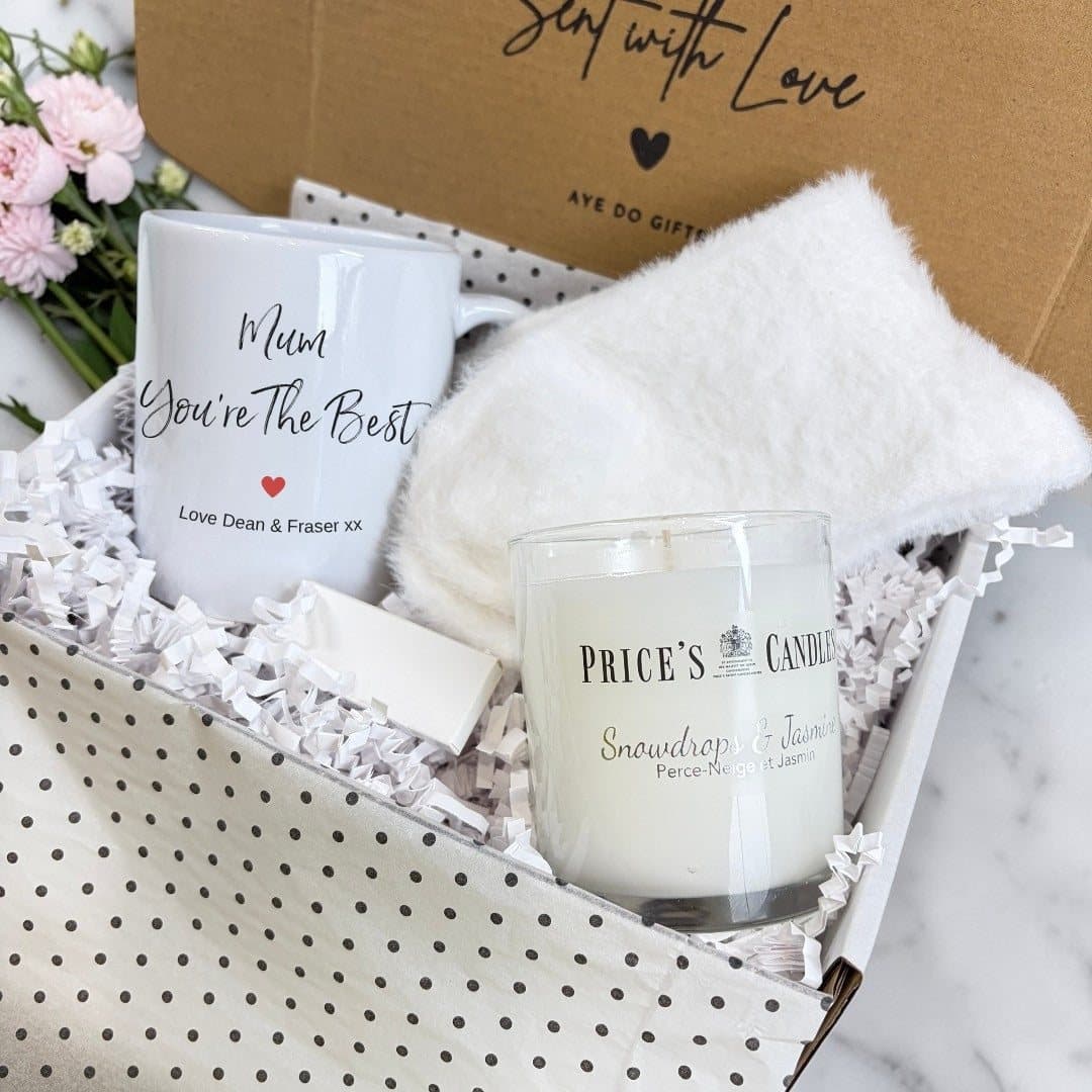 Personalised Mum mug, scented candle, fluffy socks and matches in a gift hamper