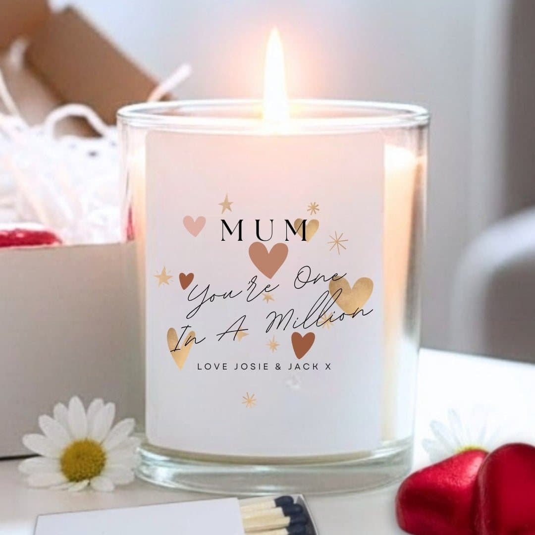 Mum candle hamper with a scented candle, red foiled chocolate hearts and matches