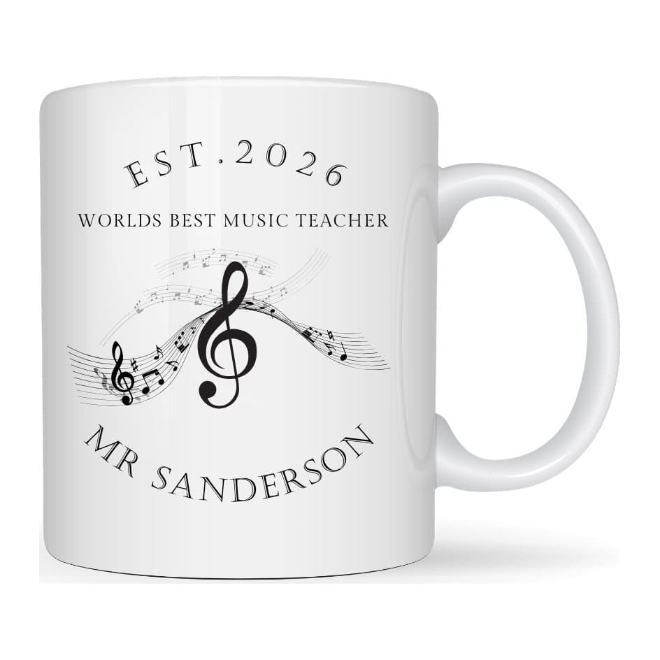 Personalised ceramic mug with a musicians design printed on both sides