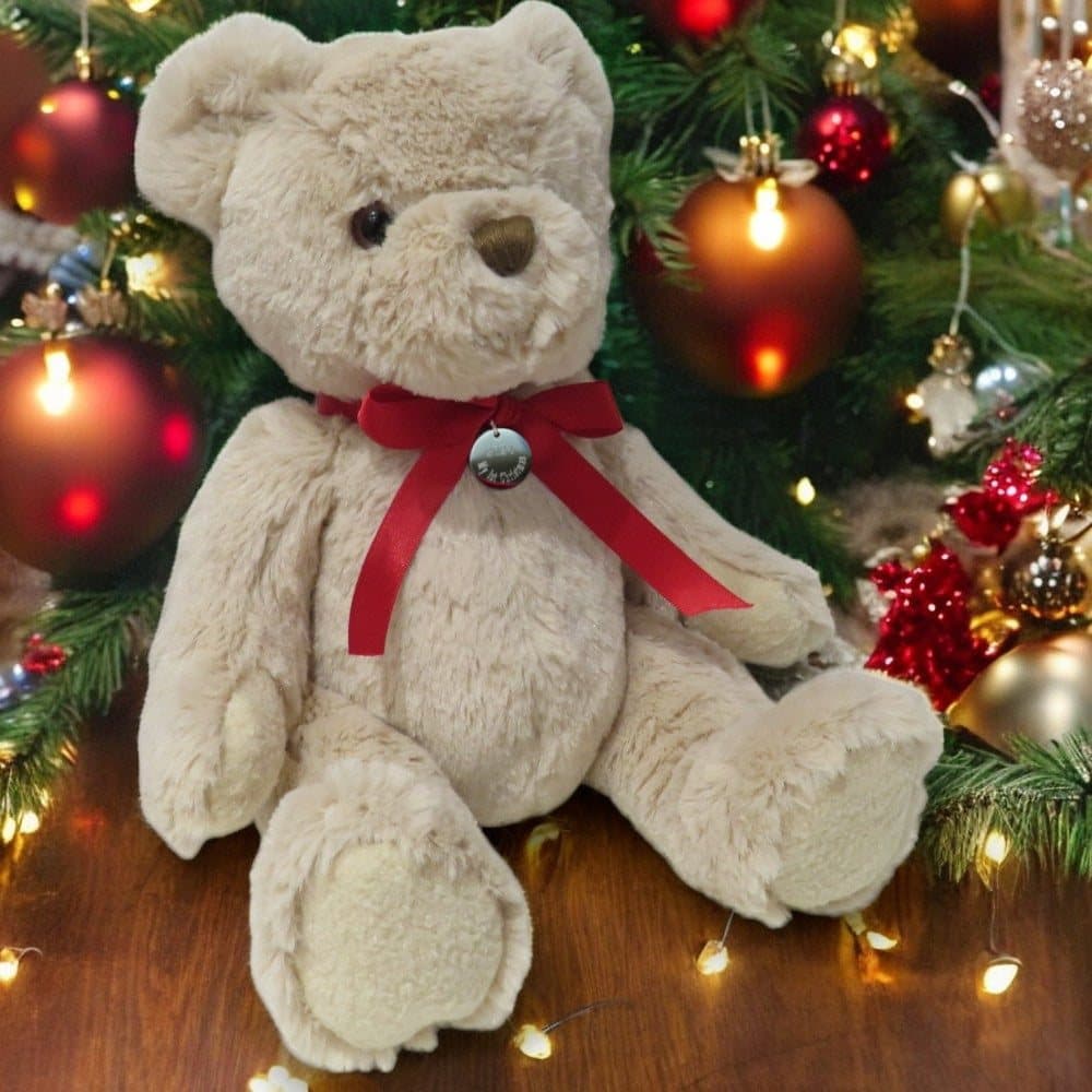 Teddy bear with an engraved stainless steel charm on a red satin ribbon