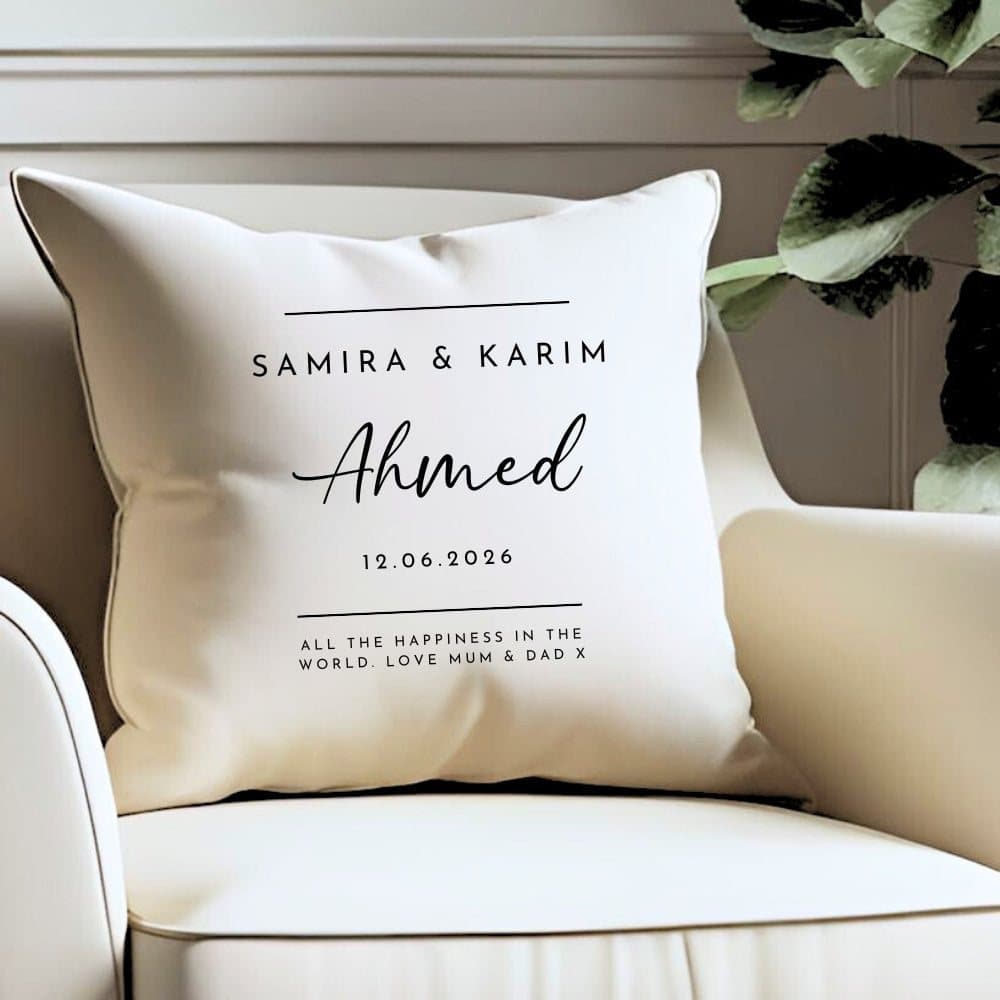 Personalised cream linen-look wedding cushion with names and date
