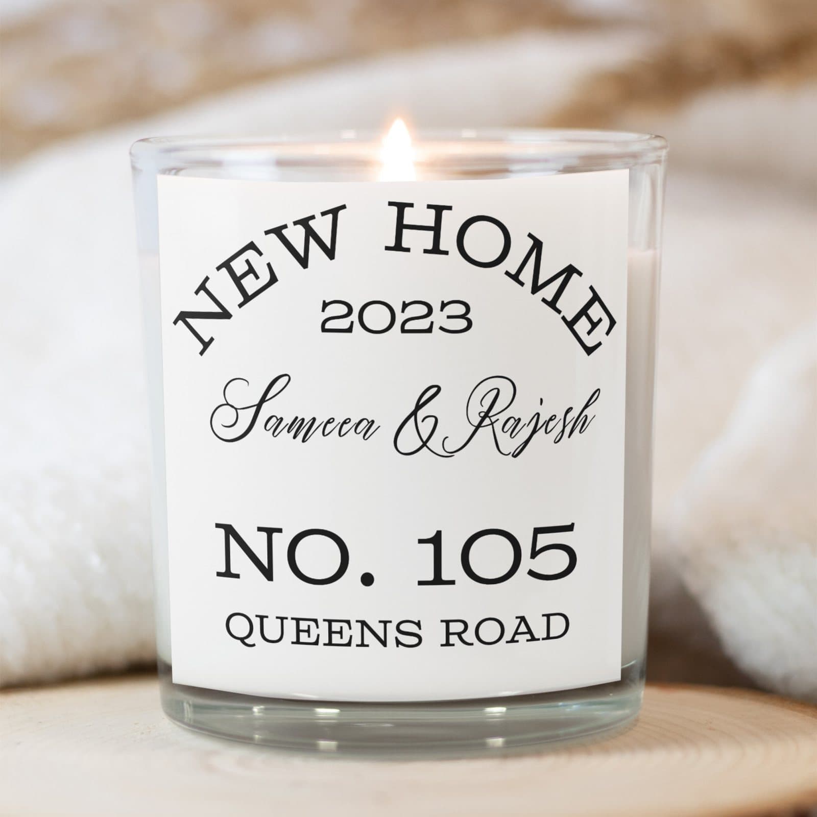 Personalised new home candle gift set with a scented candle and chocolate hearts