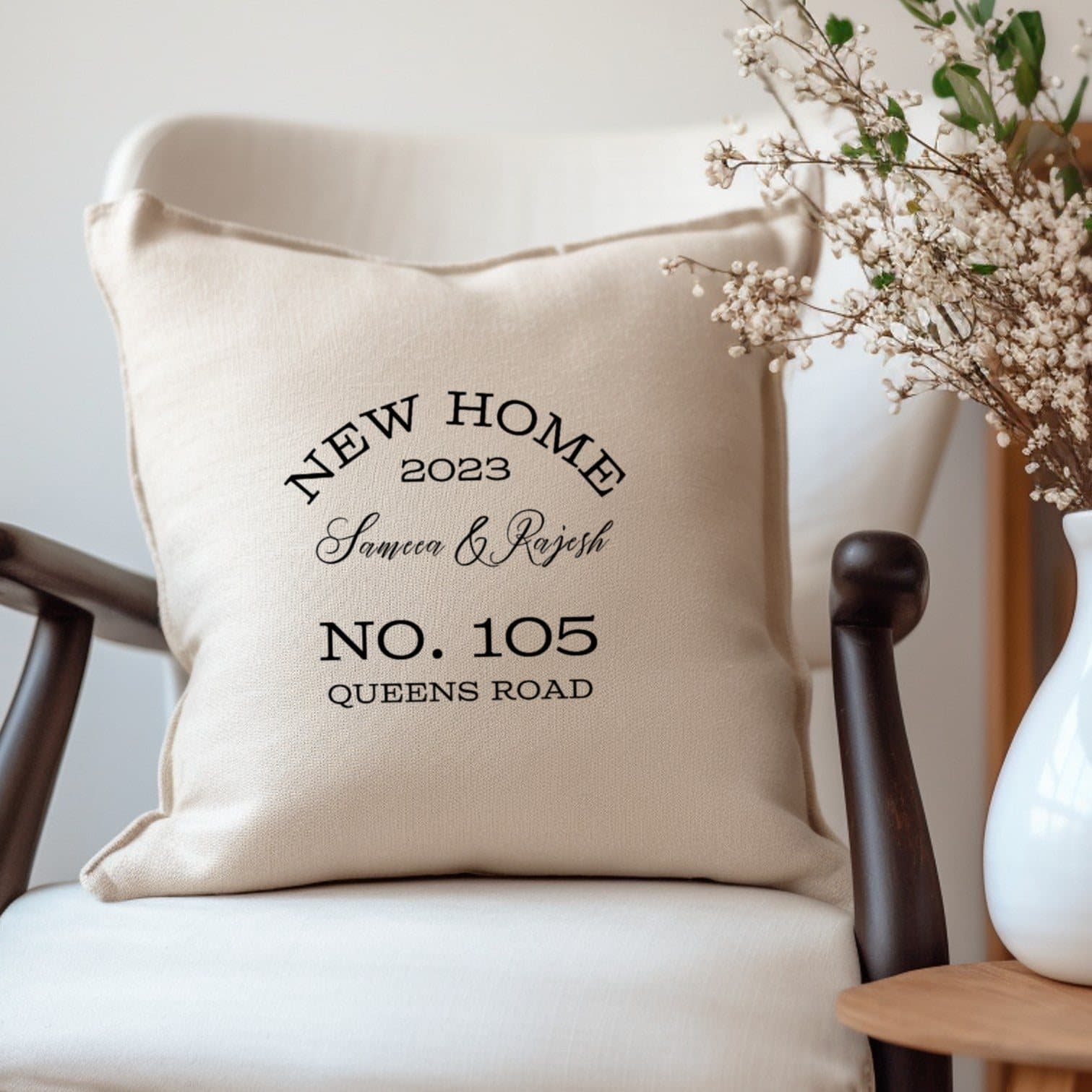 Cream personalised square cushion with black writing