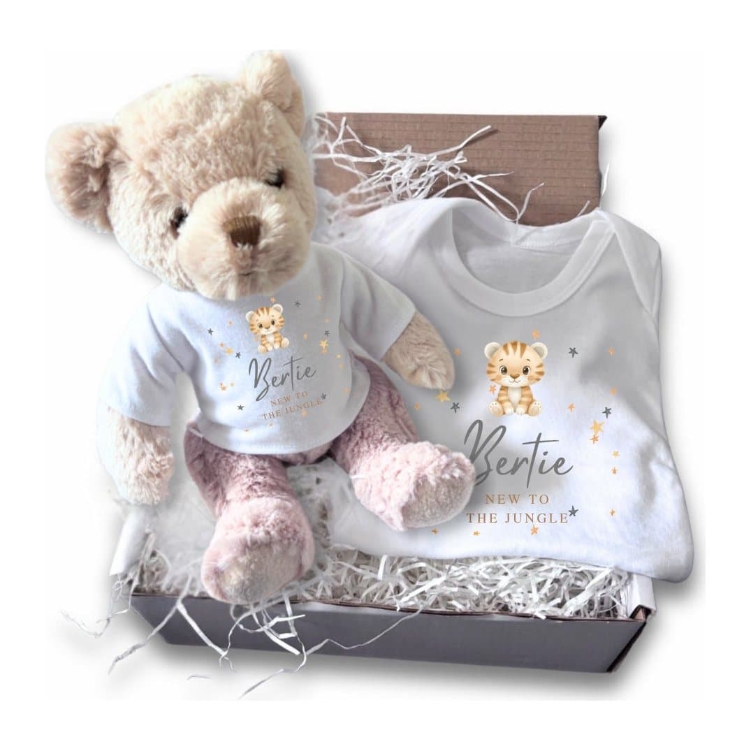 Personalised New to the Jungle Tiger baby vest and teddy gift box