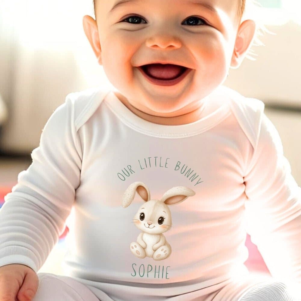 Personalised bunny baby outfit with a bunny design and a name