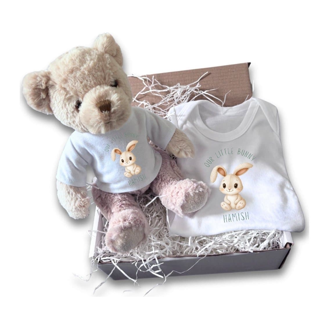 Personalised Our Little Bunny baby gift box with a teddy and a vest