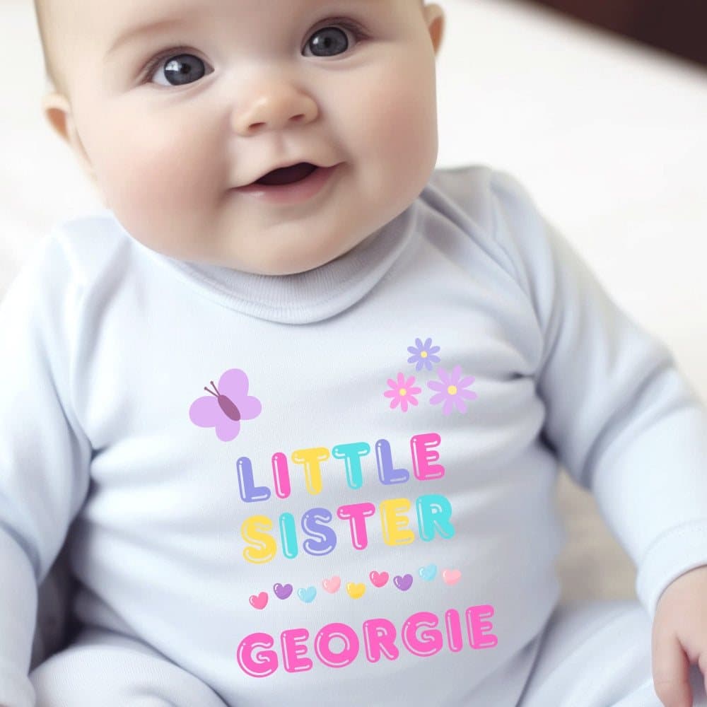Personalised Little Sister baby outfit with the Little Sister design