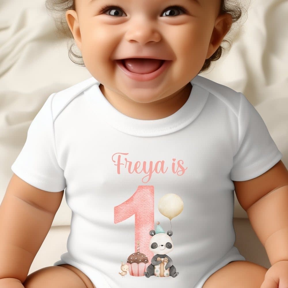 Pink baby outfit with a panda design, a large number 1 and a personalised name