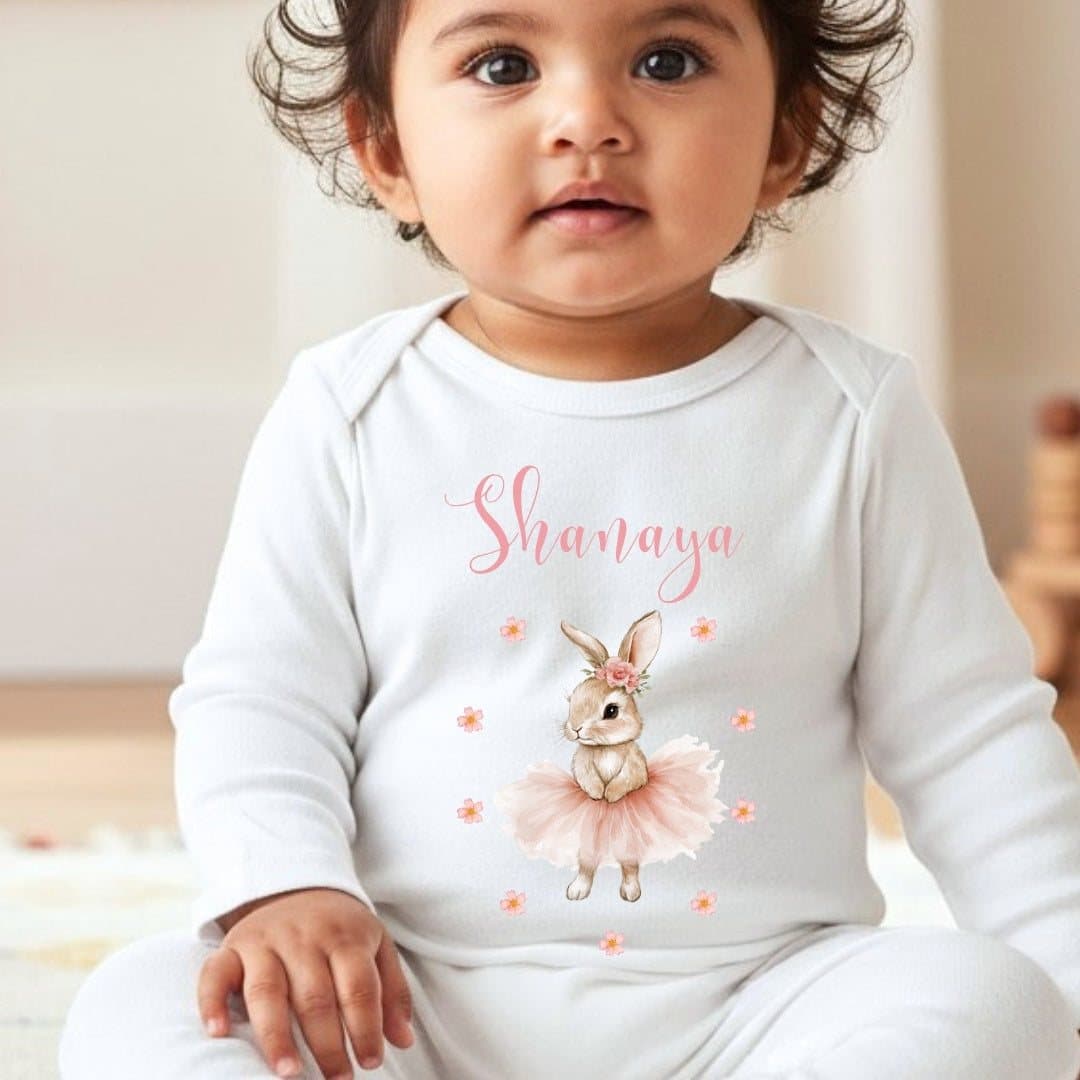 Pink baby outfit with a ballet bunny design and a personalised name