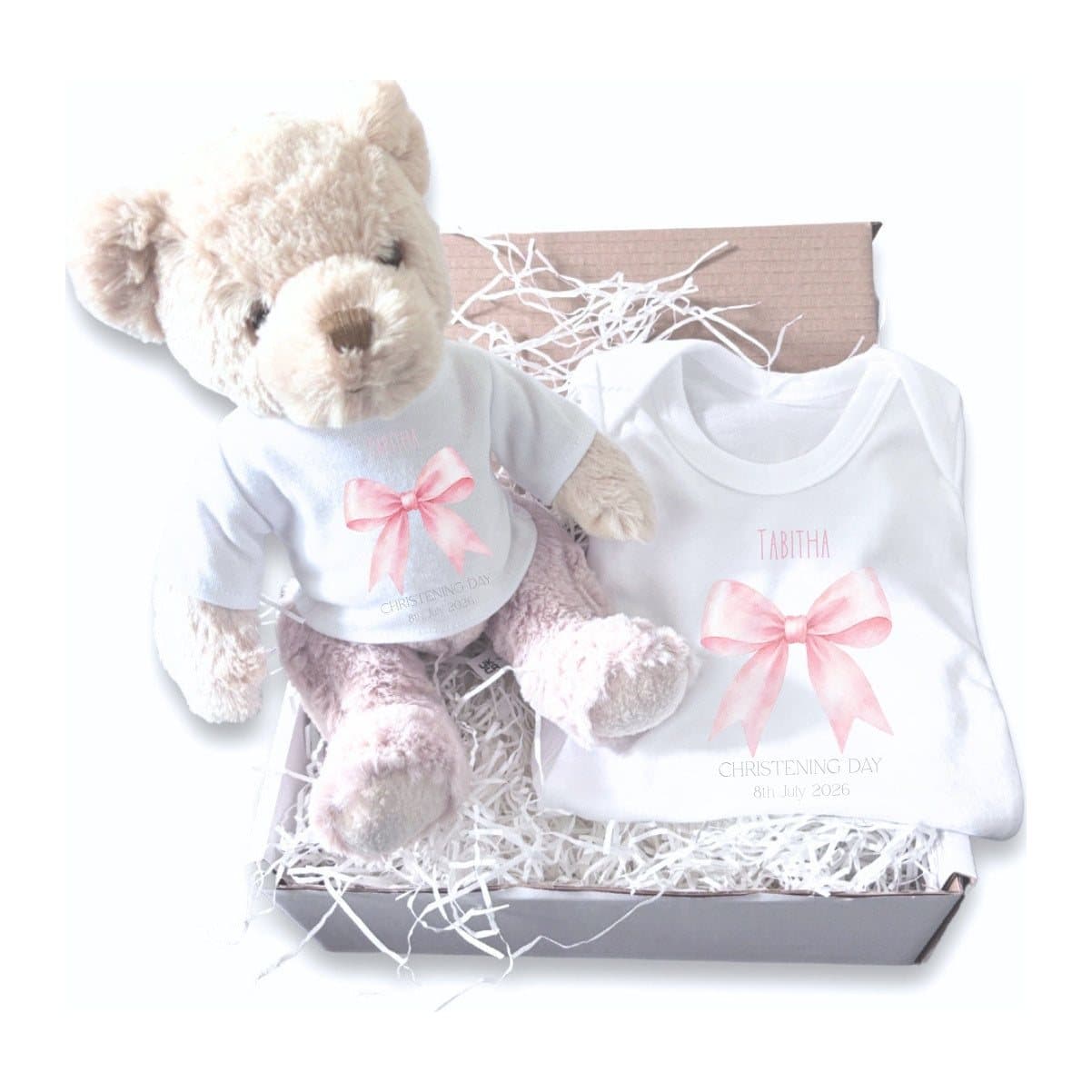 Pink bow christening design on a personalised baby vest and teddy bear