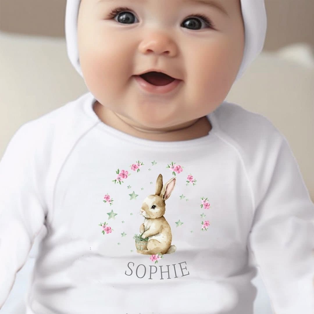 Personalised baby grow with a bunny design and pink flowers