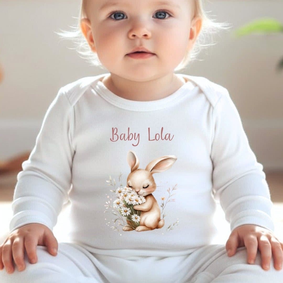 Personalised Daisy Bunny baby outfit: a bunny with daisies and a name