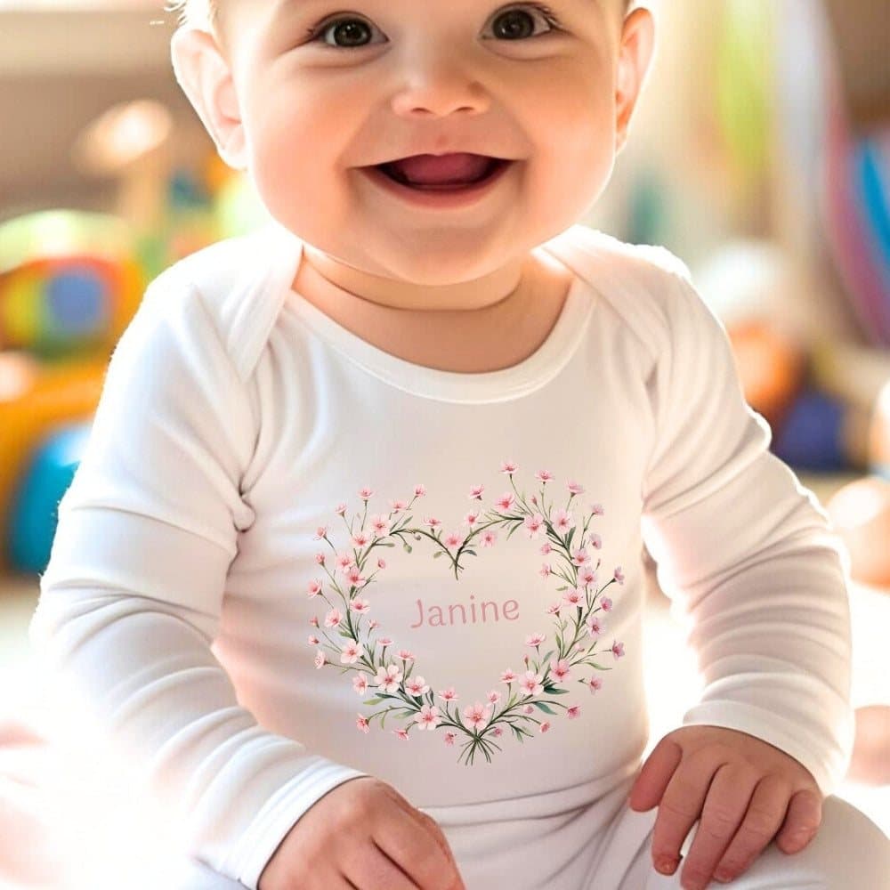 Pink floral personalised baby grow, vest or bib