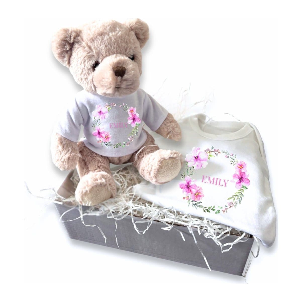 Personalised pink flower wreath baby vest and teddy bear gift box