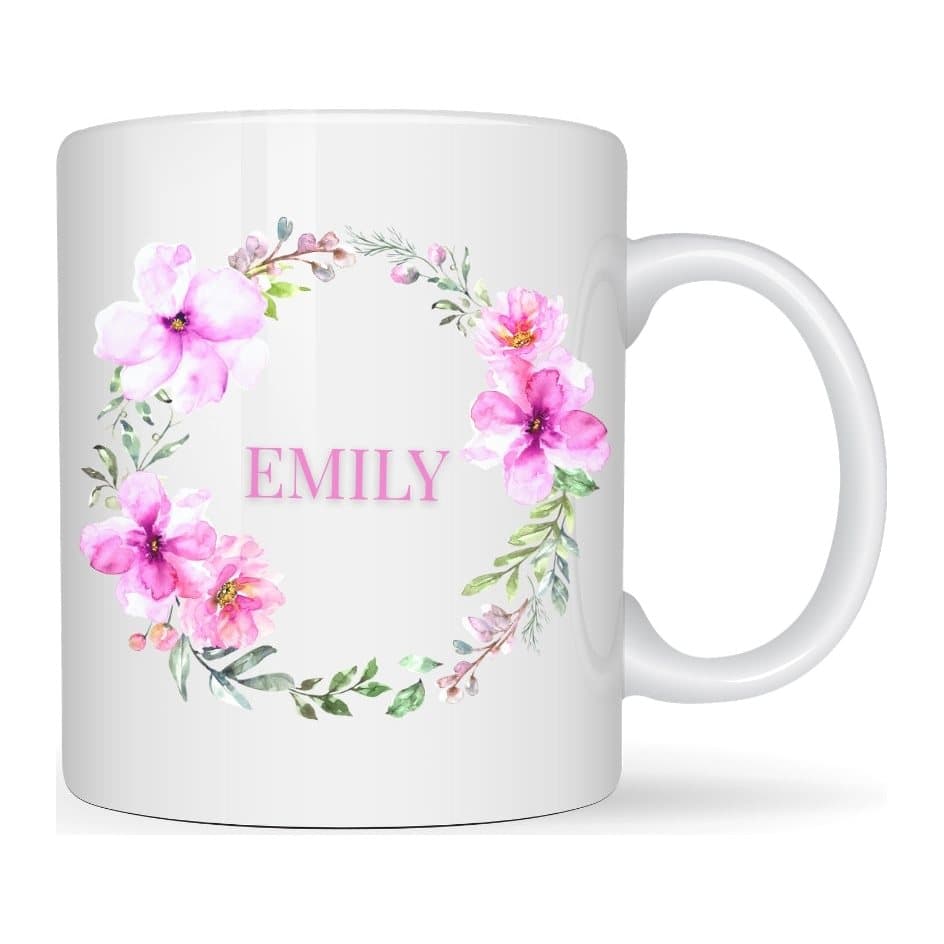 Ceramic mug with a pink flower wreath design