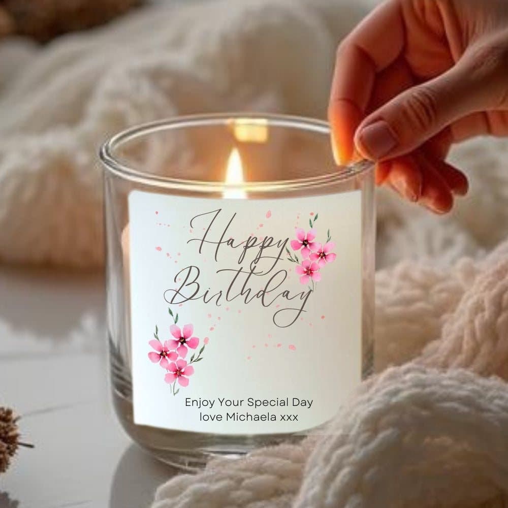 Personalised pink flower birthday candle gift set with matches and chocolate hearts