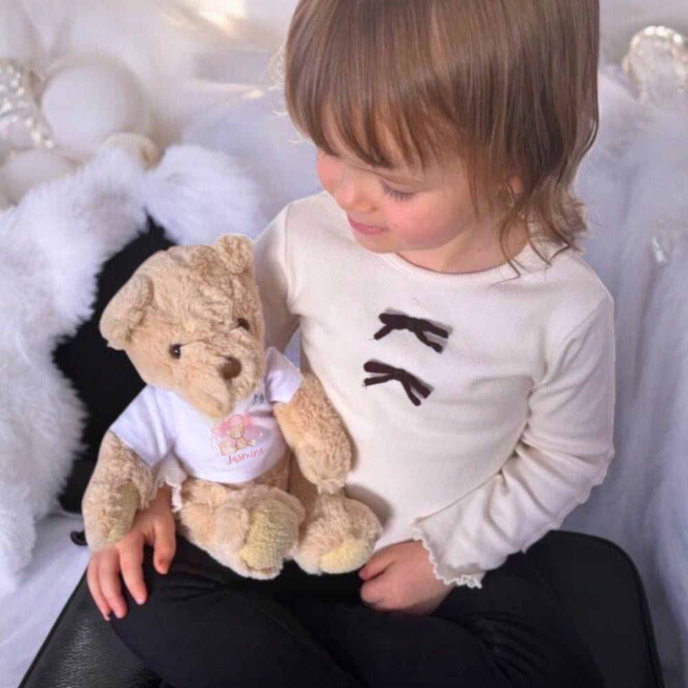 Pink Girls 1st personalised baby vest and teddy bear in a white box