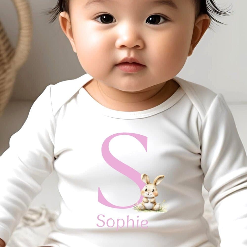 Pink bunny design baby vest, baby grow or bib with a pink name and initial