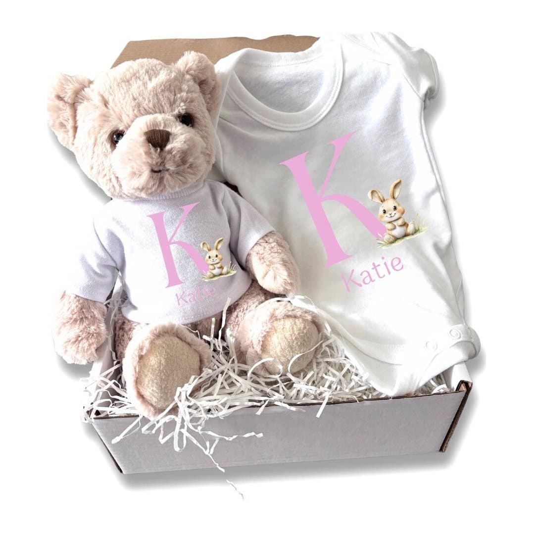 Personalised pink initial bunny baby set with a teddy and a baby vest.