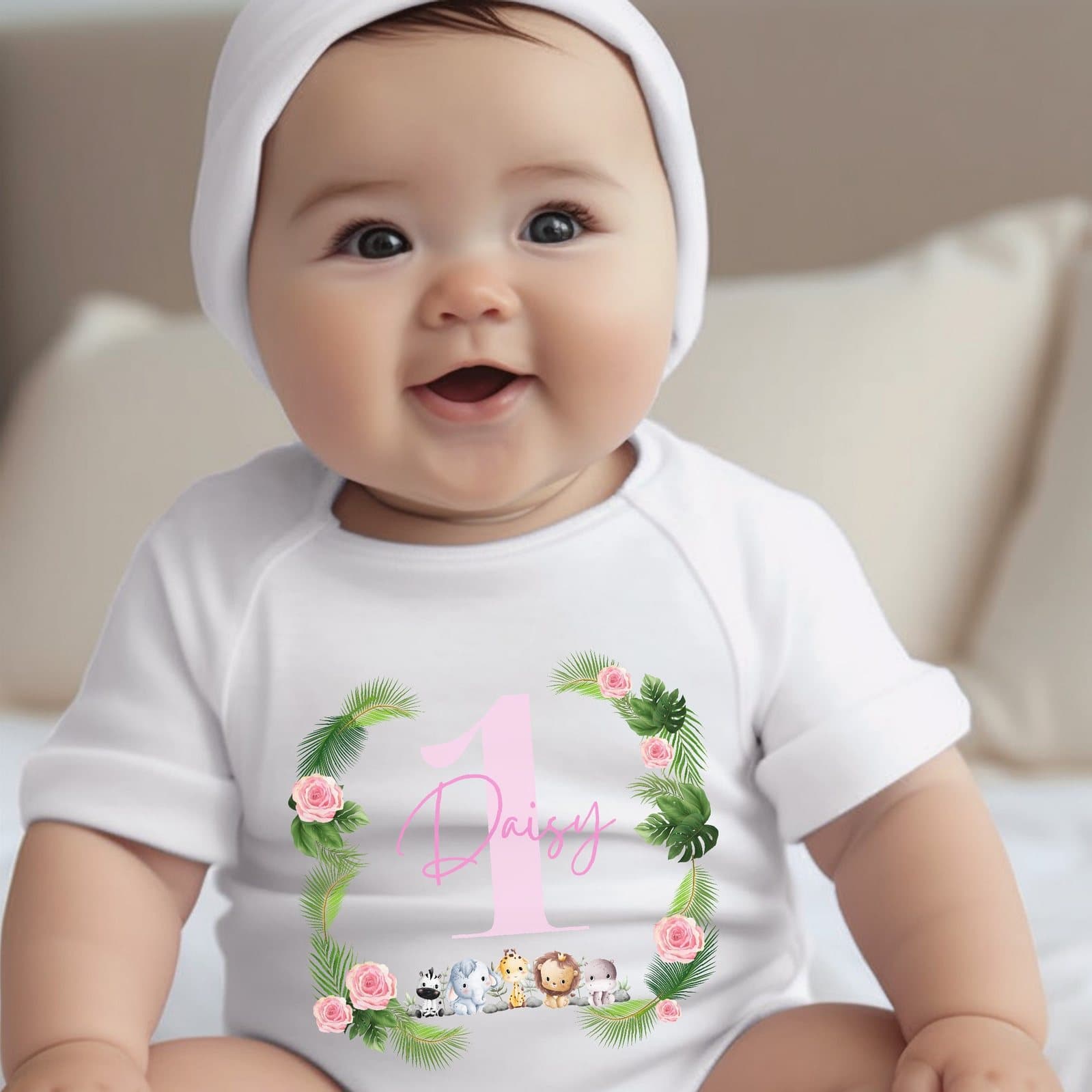 Pink personalised baby grow, vest or bib with a jungle animals design