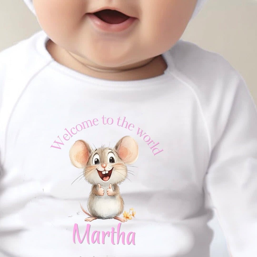 Personalised pink mouse baby vest, babygrow or bib with a name