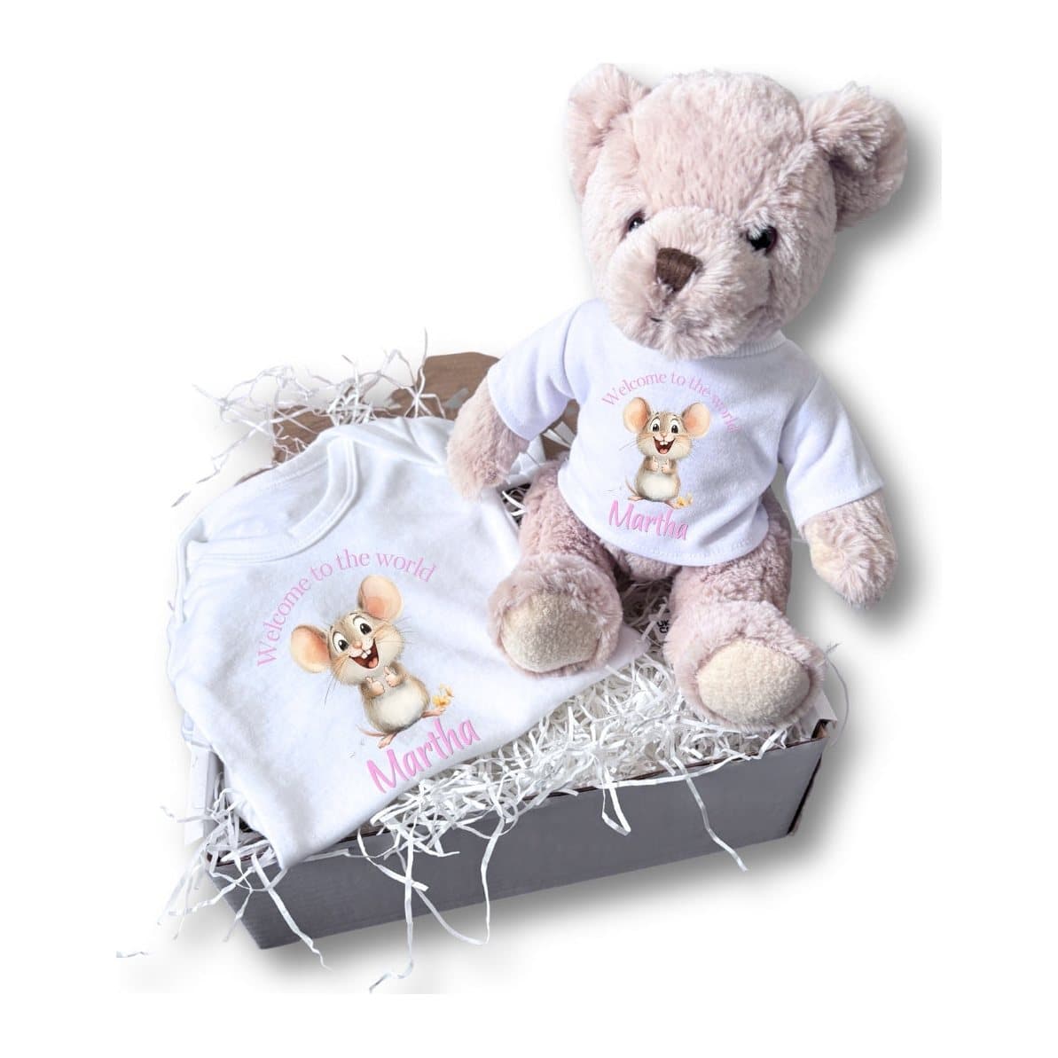 Personalised pink mouse baby gift box with a teddy and vest