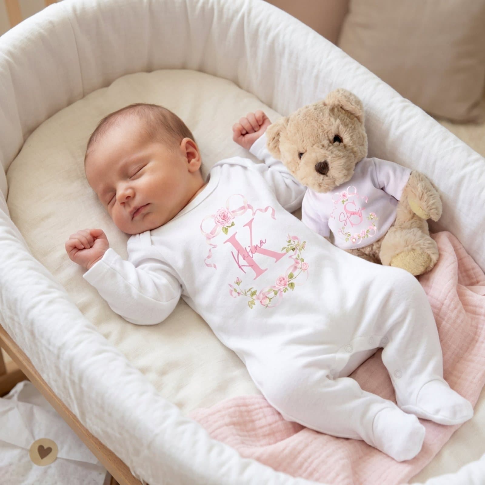 Pink roses personalised baby vest and teddy bear, personalised baby gift