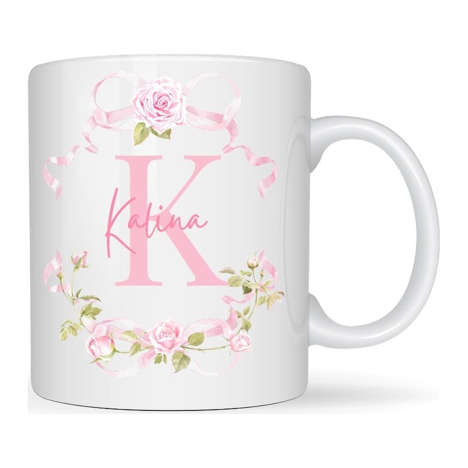 Personalised pink roses ceramic mug with a rose design printed on both sides