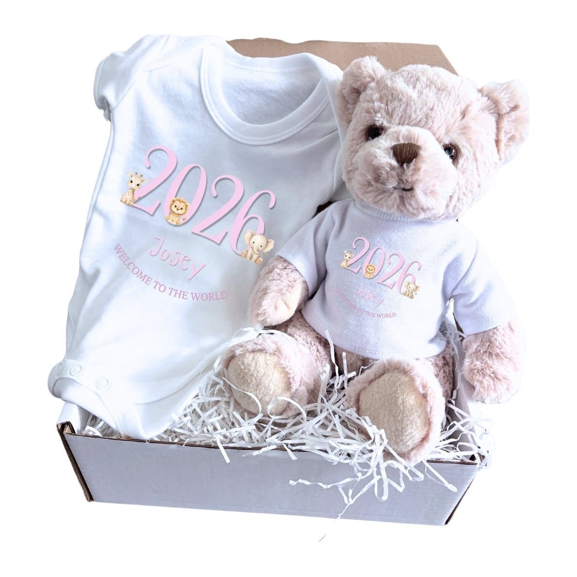 Personalised pink safari animals baby vest and teddy bear