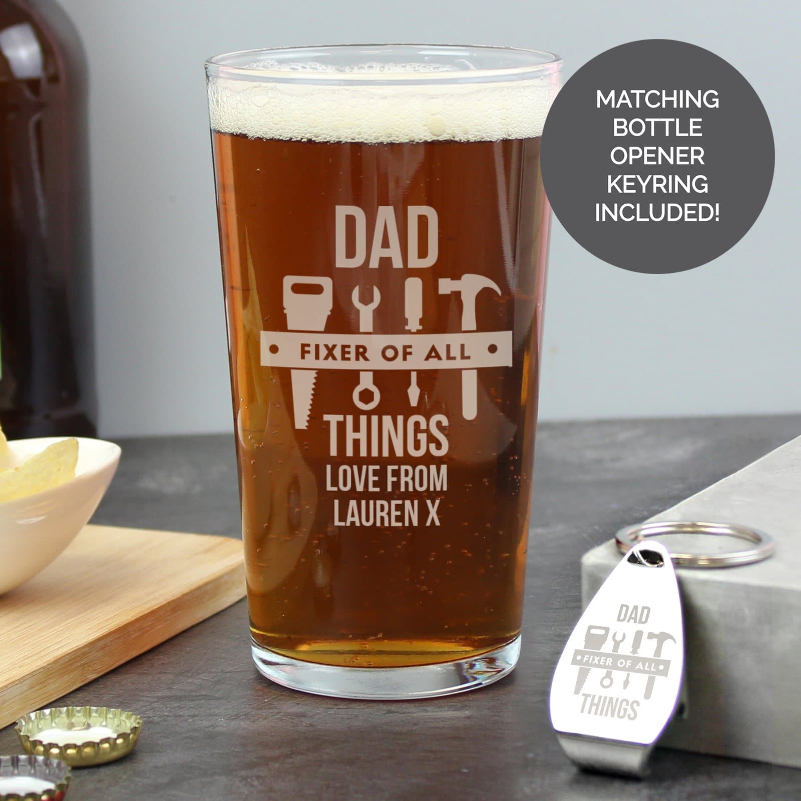 Personalised pint glass and bottle opener