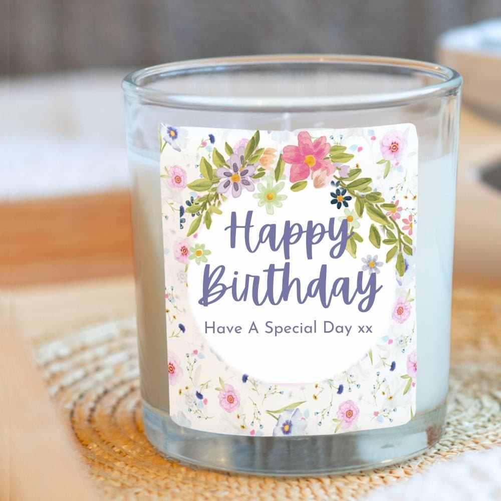 Personalised birthday candle gift set with colourful flowers and Happy Birthday words