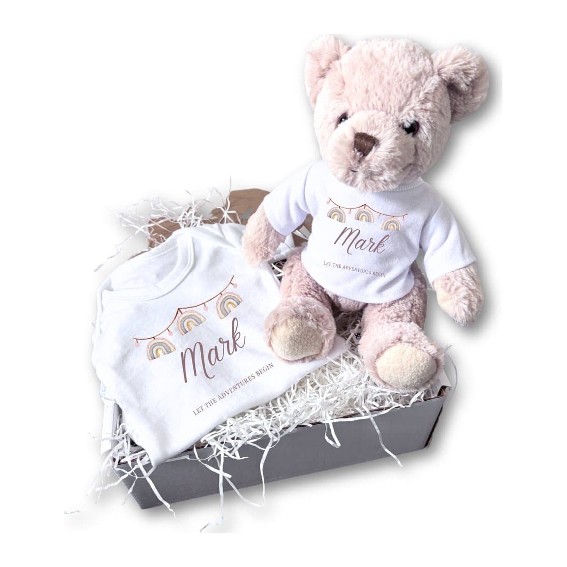 Personalised rainbow bunting baby vest and teddy bear in a gift set