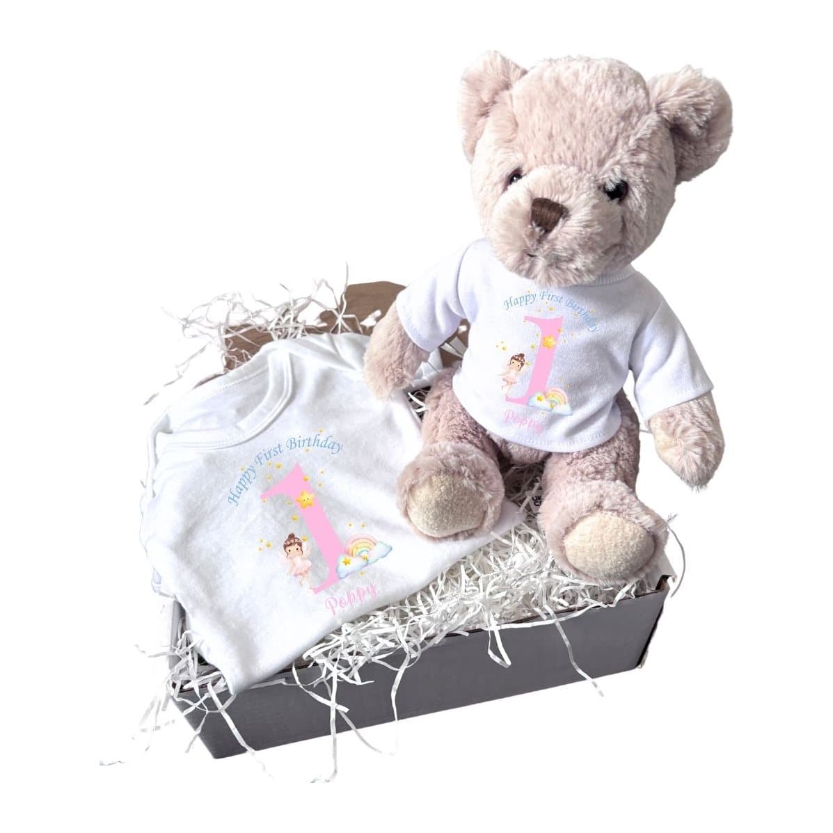 Personalised Rainbow Fairy baby vest, soft teddy and gift box