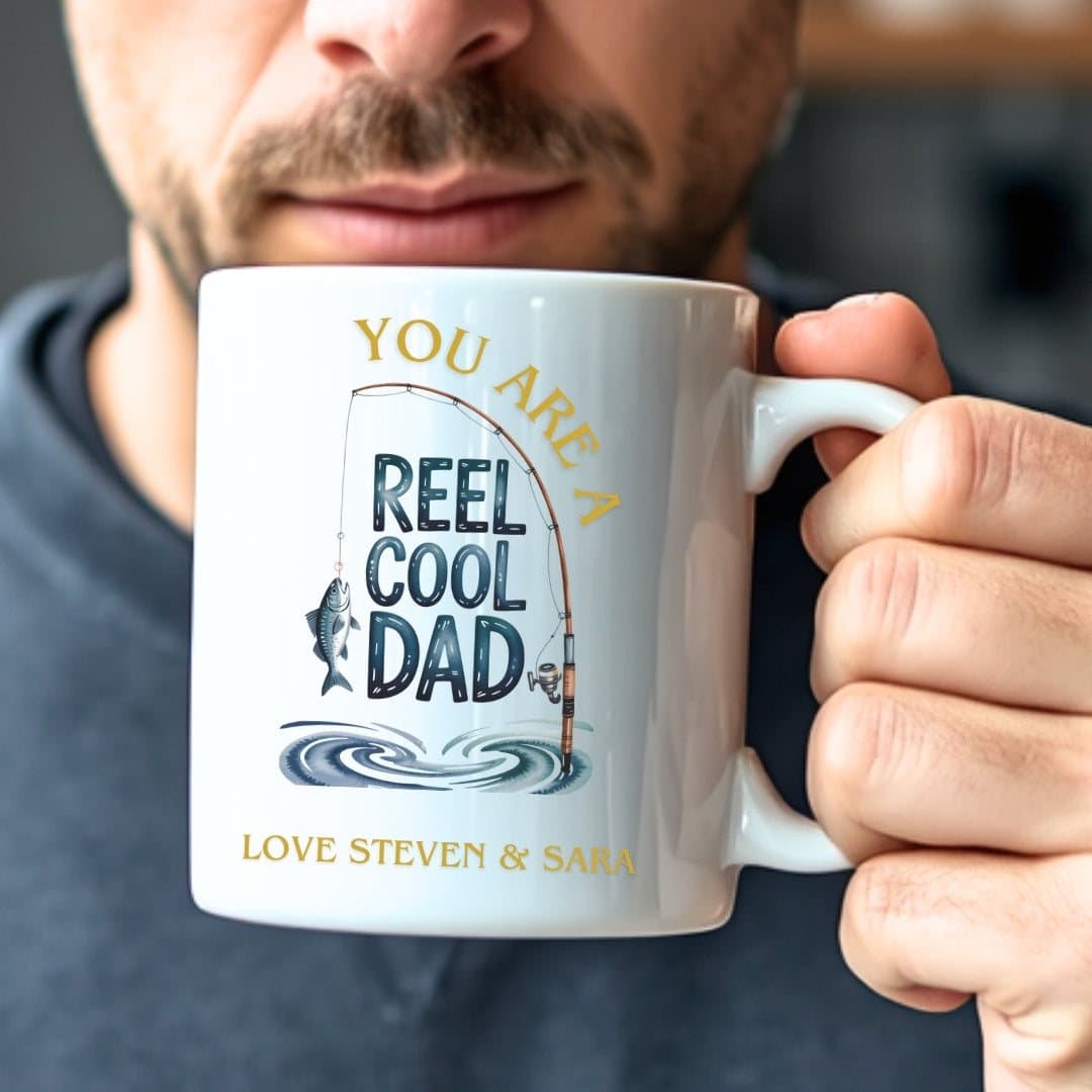 Personalised Reel Cool Dad ceramic mug with a Dad design