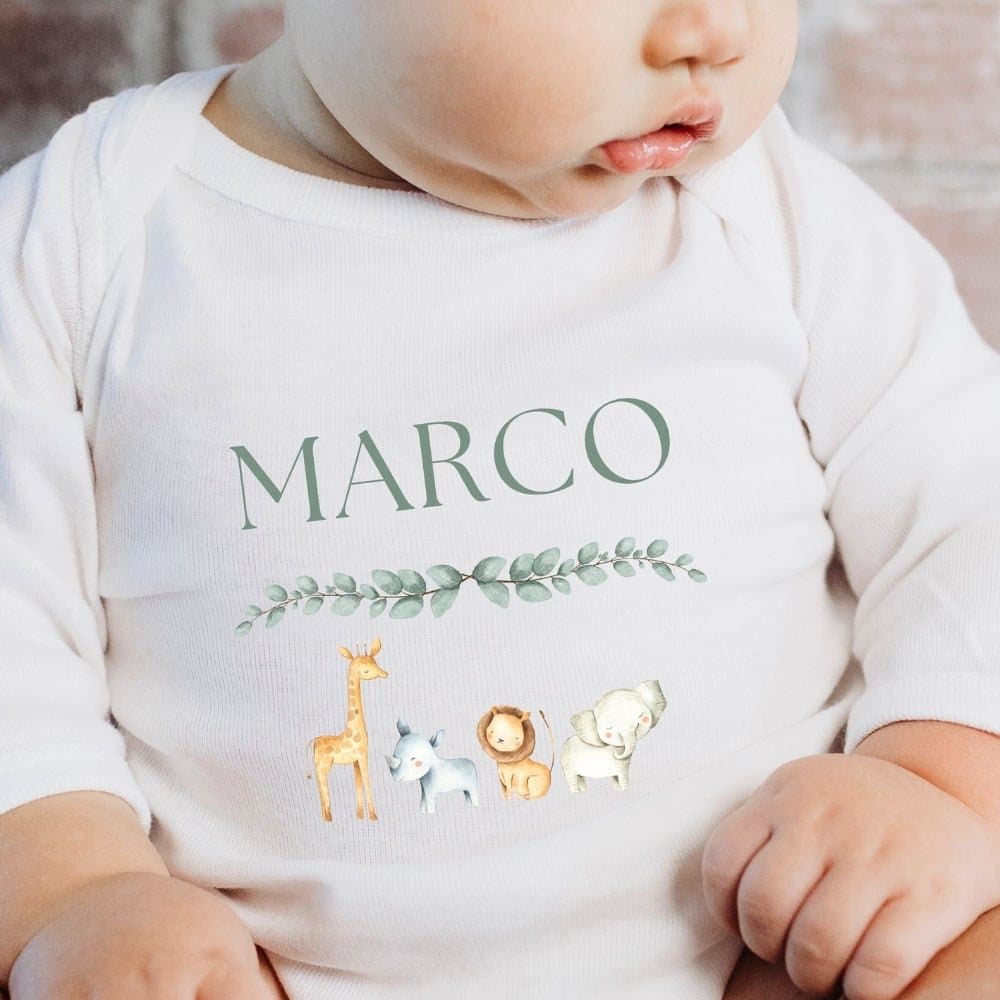 Personalised safari animals baby grow, vest or bib with a name.