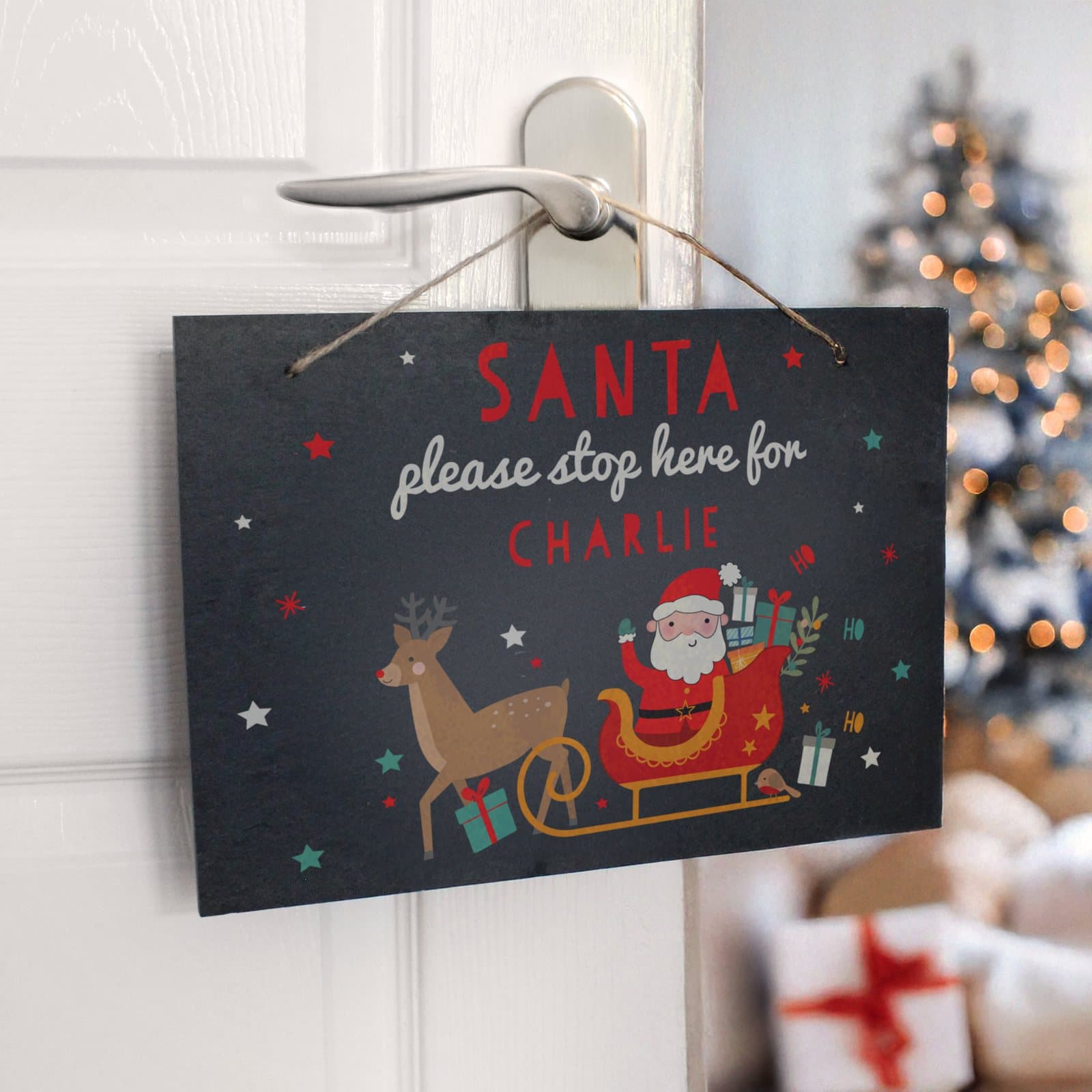 Personalised Santa stop here slate sign