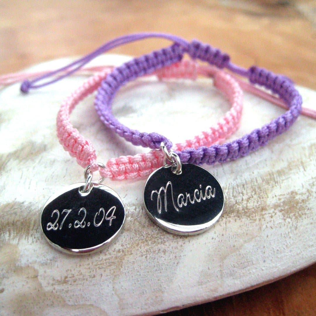 Personalised script friendship bracelet with silver engraved disc on braided nylon cord