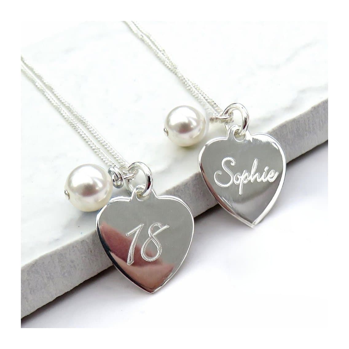 Personalised script heart necklace with a pale ivory pearl