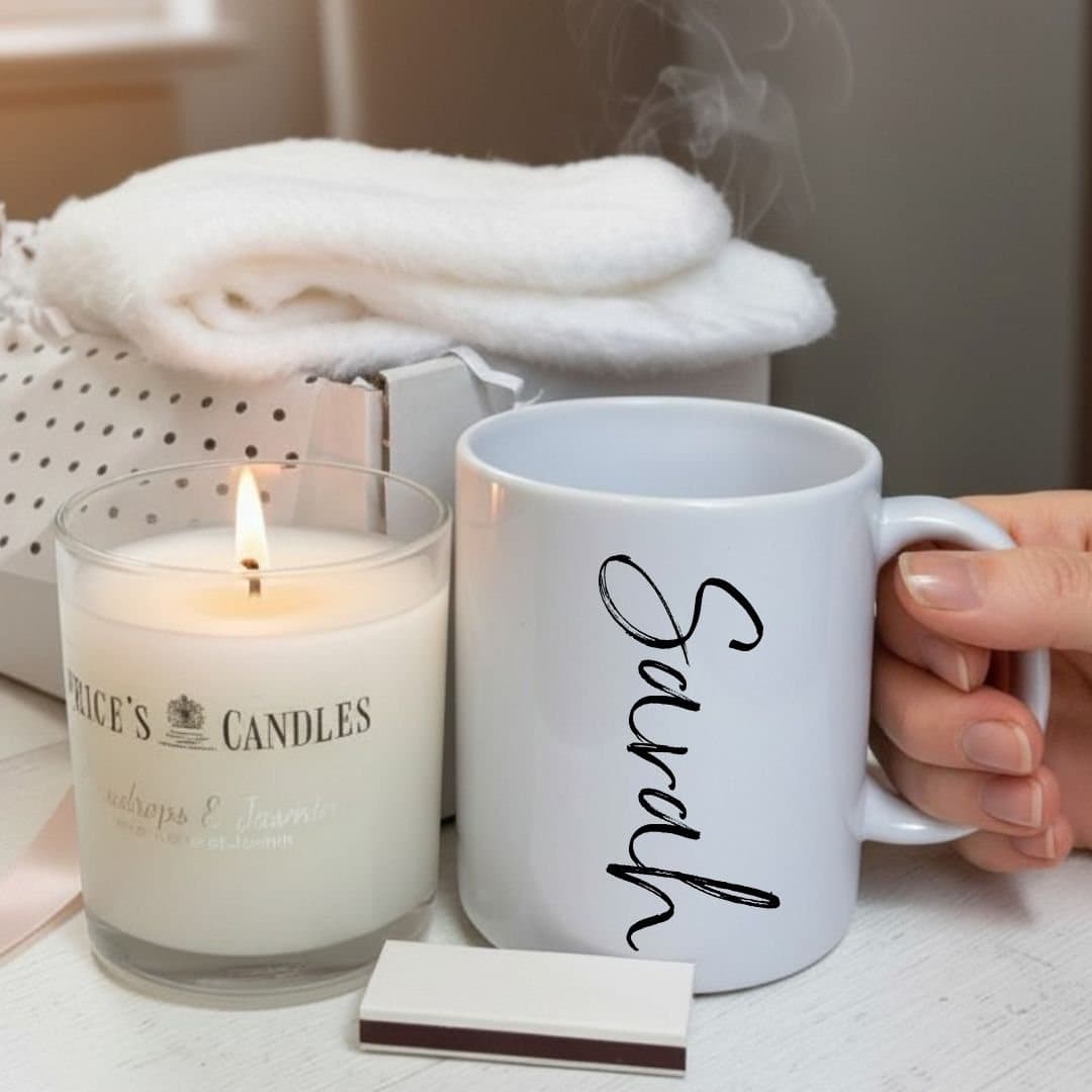 Script name mug, fluffy socks, scented candle and matches in a gift hamper.
