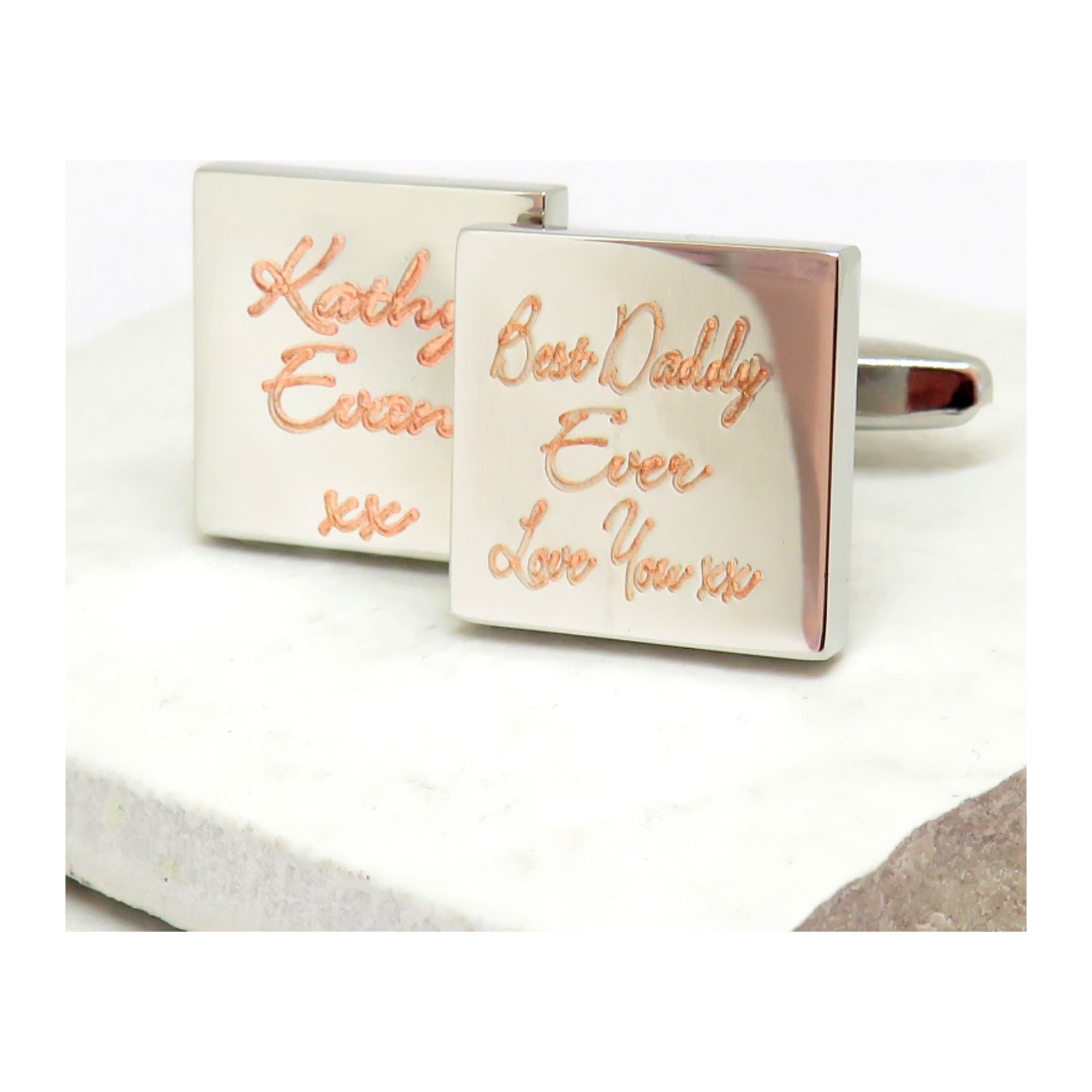 Square personalised cufflinks with a name engraved in script