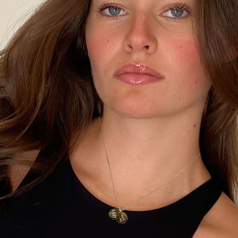 Gold plated double disc necklace with two engraved discs