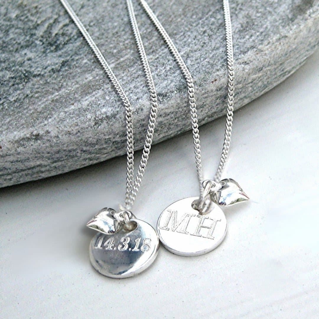Personalised silver mini disc necklace with a heart charm